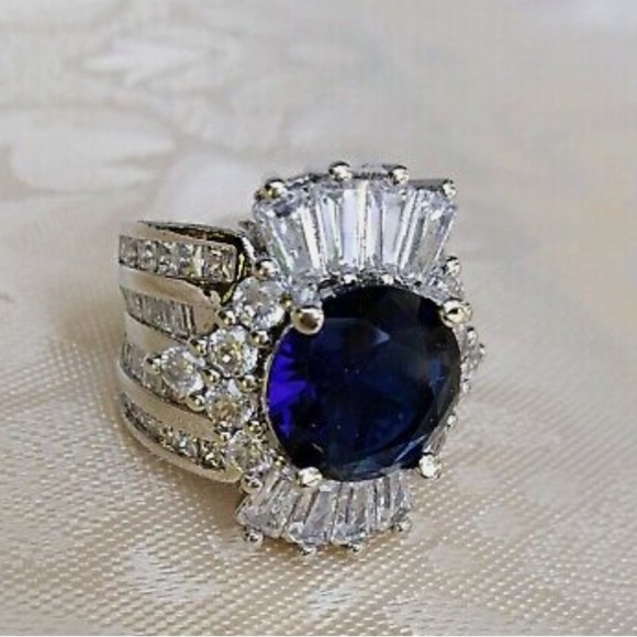 Blue Sapphire Sterling Silver Baguette Crown Statement Ring - Picture 9 of 14